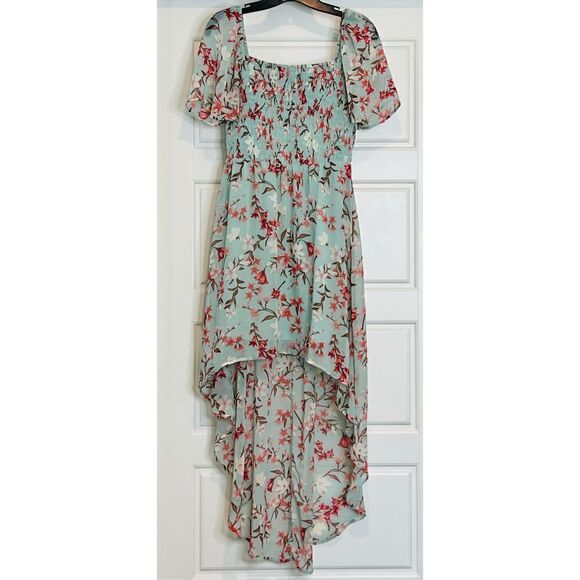 NWOT As U Wish Green Floral Chiffon Smocked Asymmetrical Dress sz LARGE - Picture 1 of 13